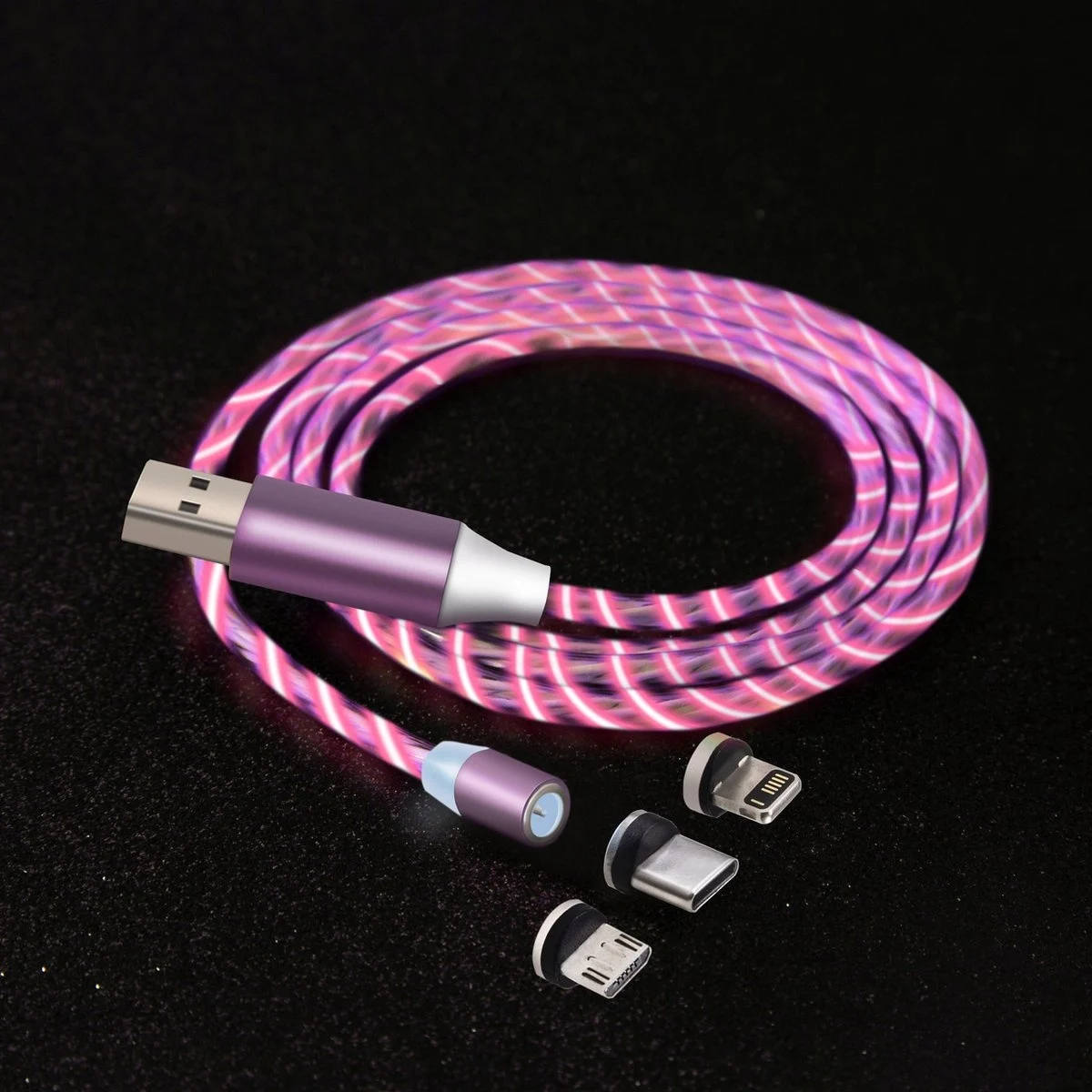 Generica Lichtgevende oplaadkabel 1M + 3 magn. adapters, Roze